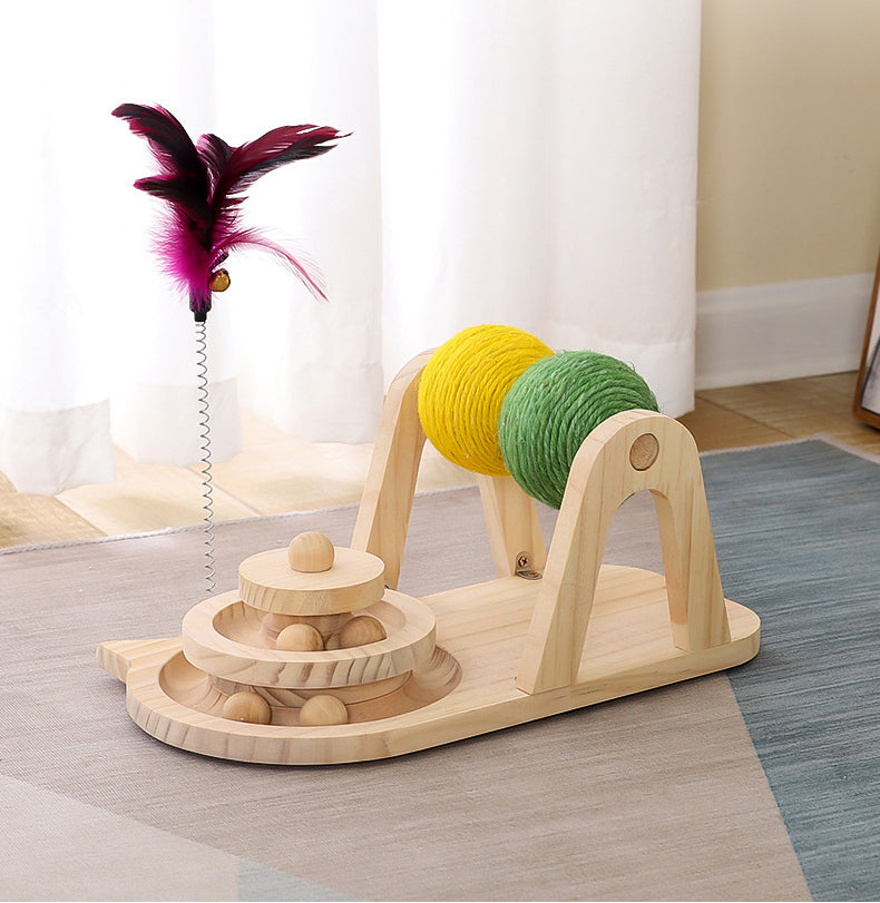 Engage Your Cat with the Creative Solid Wood Turntable Sisal Ball Cat Toy